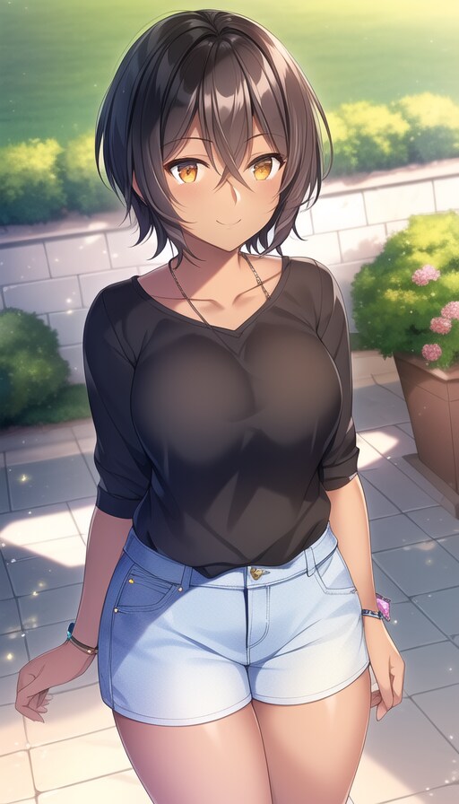 褐色黒髪ショート美女
