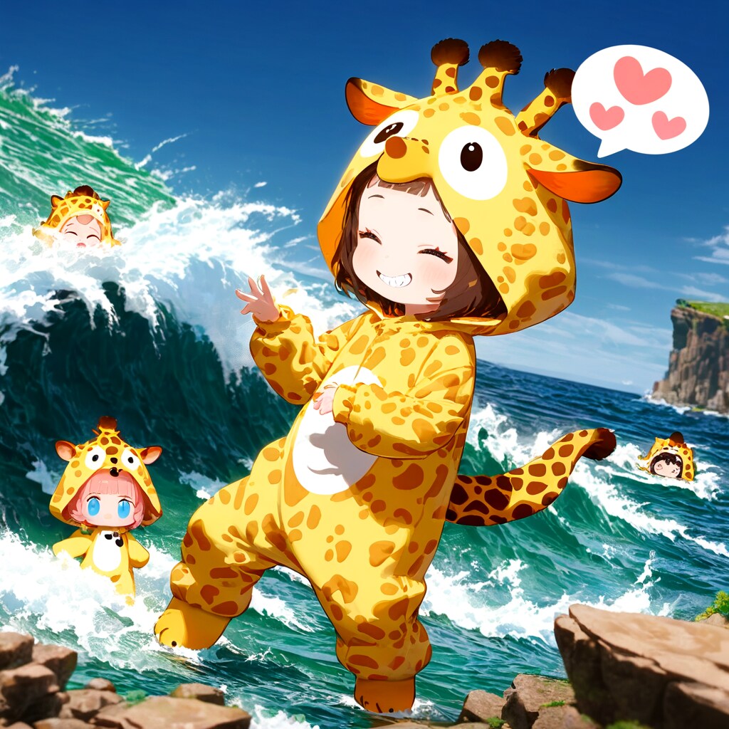 荒々しい海とキリン着ぐるみちび子ちゃん | の人気AIイラスト・グラビア