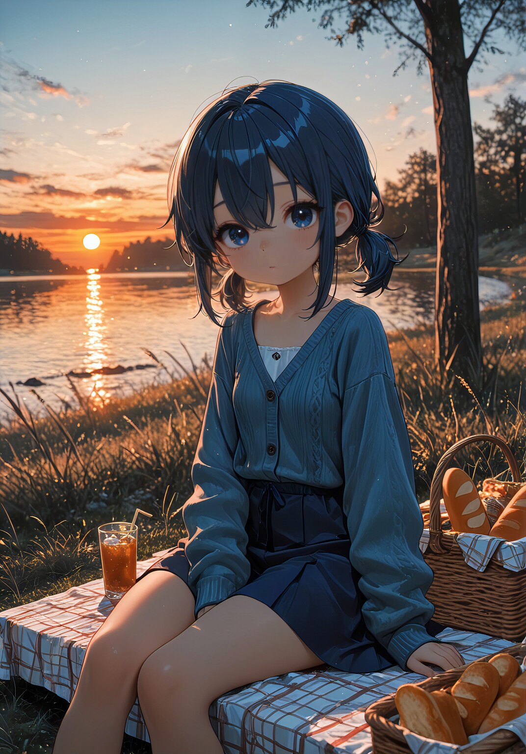 夕暮れ湖畔のピクニック