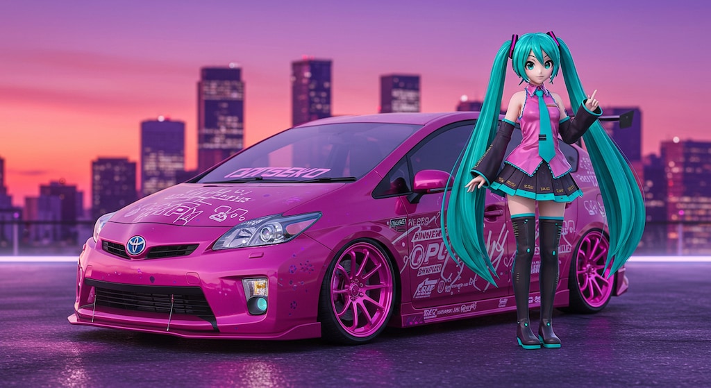 初音ミクとピンクプリウス