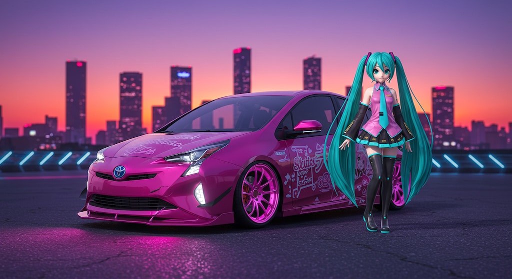 初音ミクとピンクプリウス