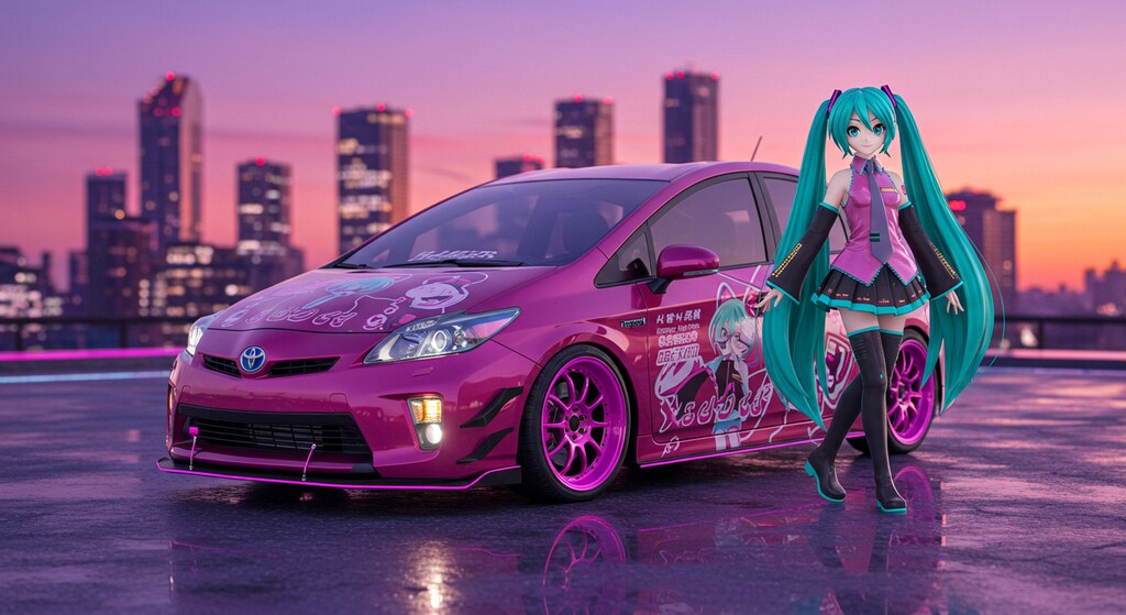 初音ミクとピンクプリウス