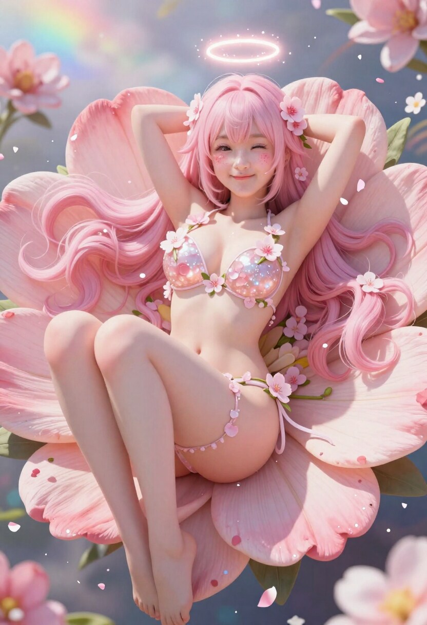 桜の花びらベッドで天使休憩中