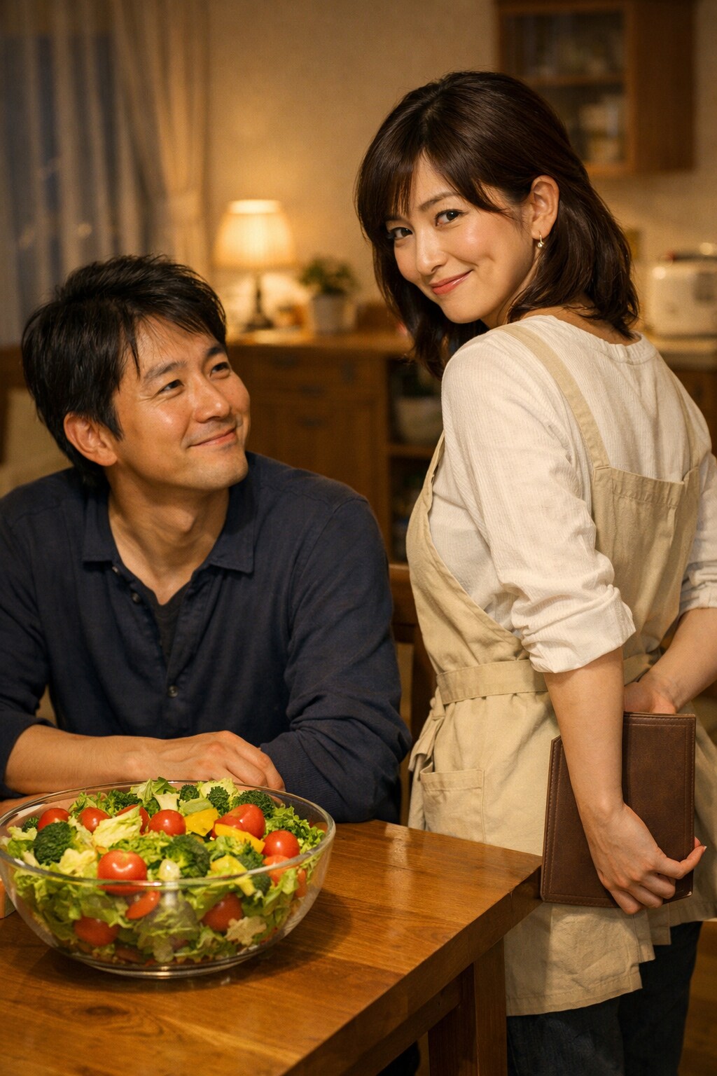 今日は、愛妻、愛菜、生命保険の日らしいです。三つを合わせた画像を作りました。妻をねぎらう夫、大盛の野菜サラダ、そして、、にやりと笑う奥様の手には夫に隠した生命保険証