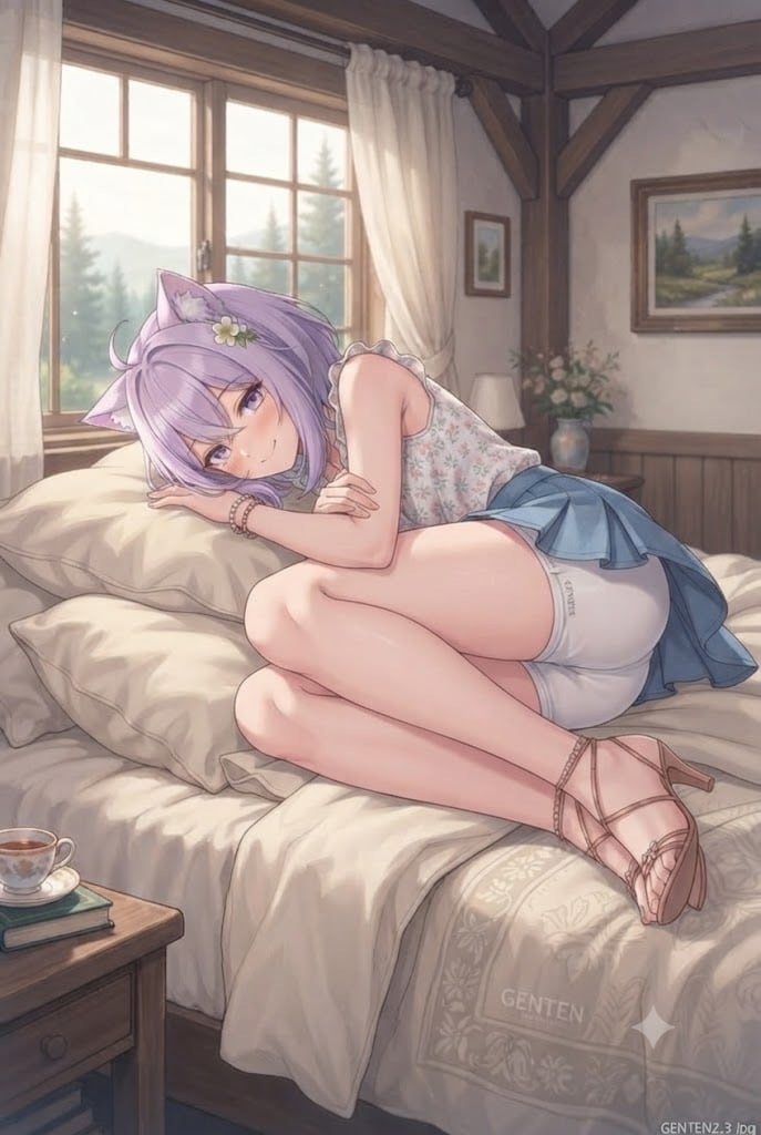ベッドでうずくまるミニスカのシス