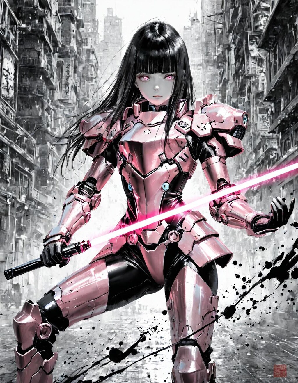 墨絵でサイバーサムライちゃん