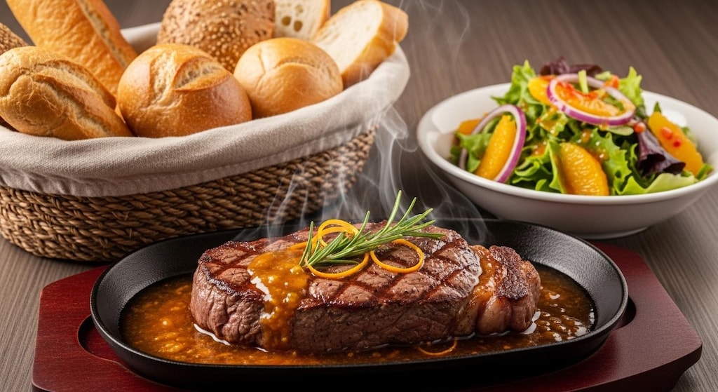 摩訶不思議食堂のオレンジソースのステーキセット