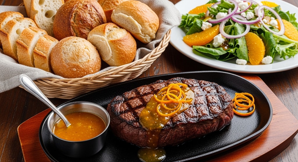 摩訶不思議食堂のオレンジソースのステーキセット