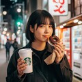 スタバの見ながらドーナツとかパンを食べる女性 2枚目