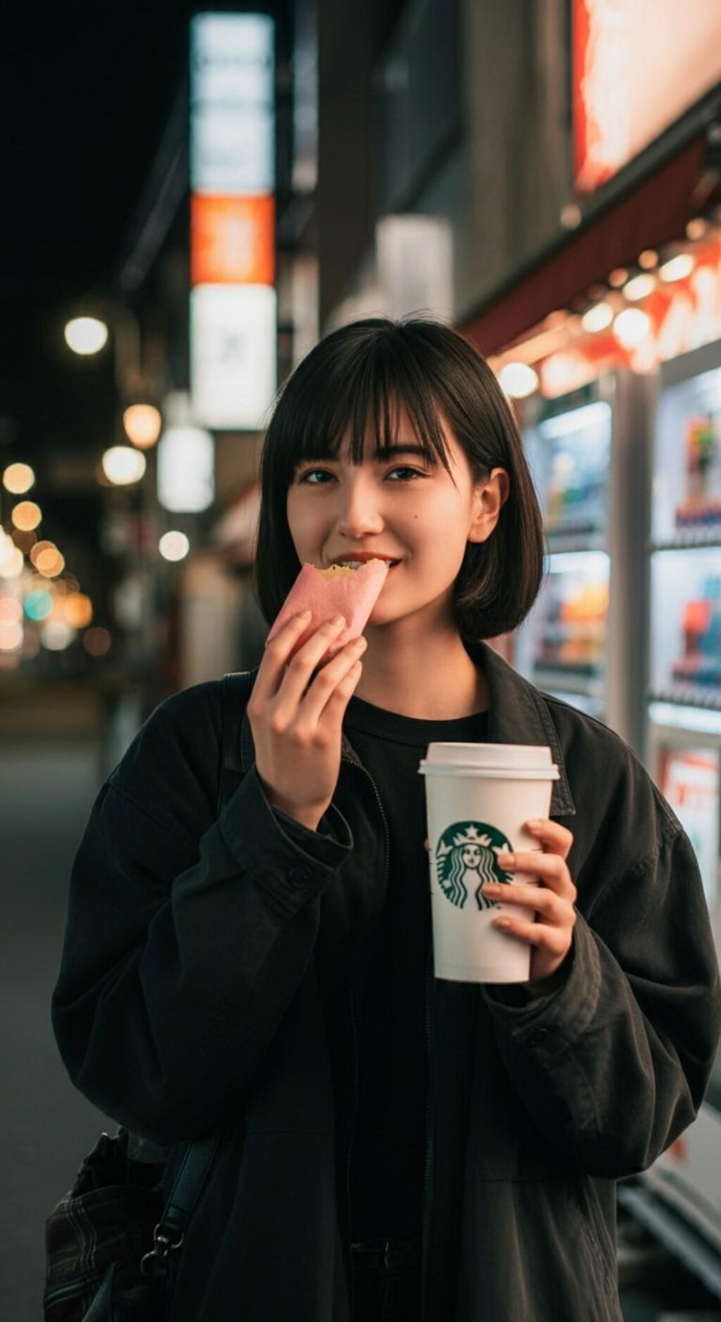 スタバの見ながらドーナツとかパンを食べる女性