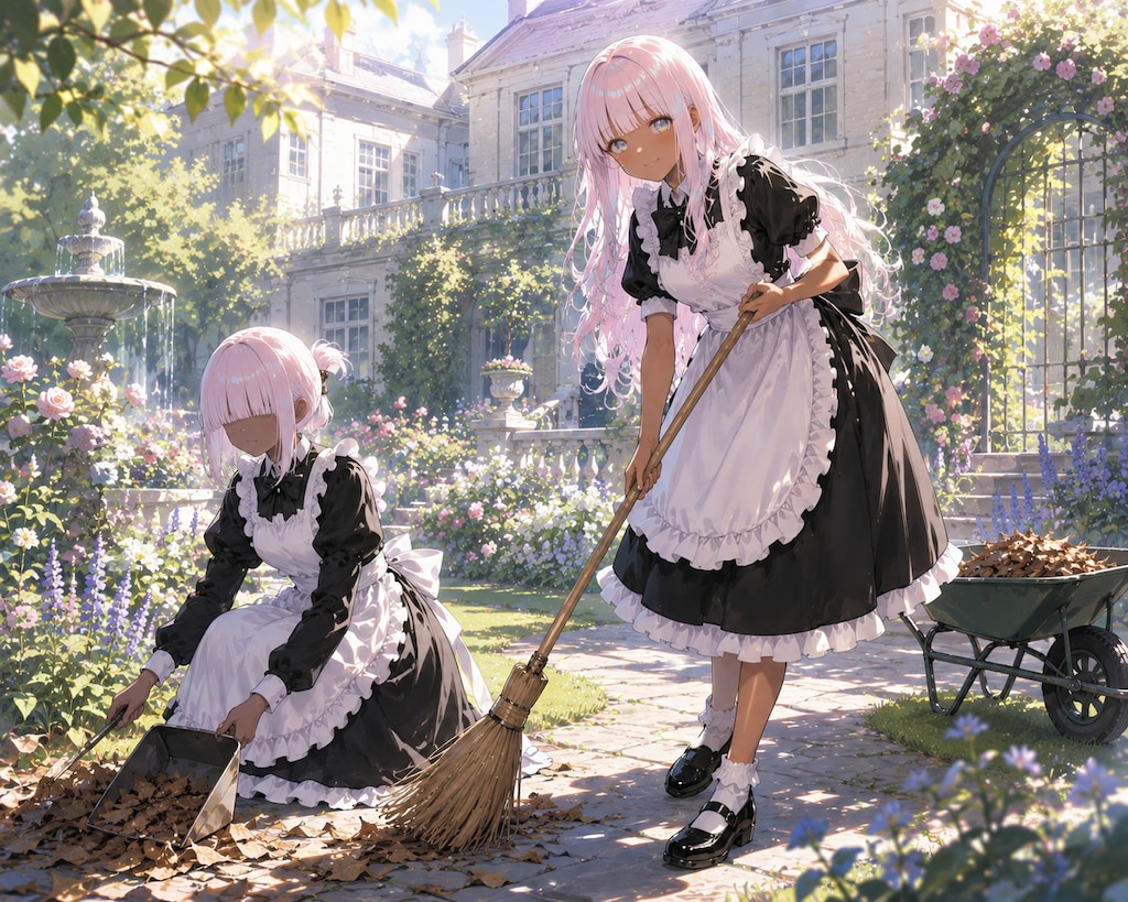 双子姉妹メイドの庭掃除