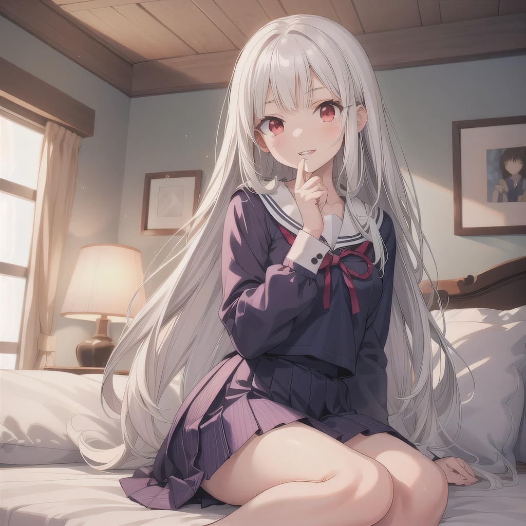 銀髪ロングで寝室の少女４