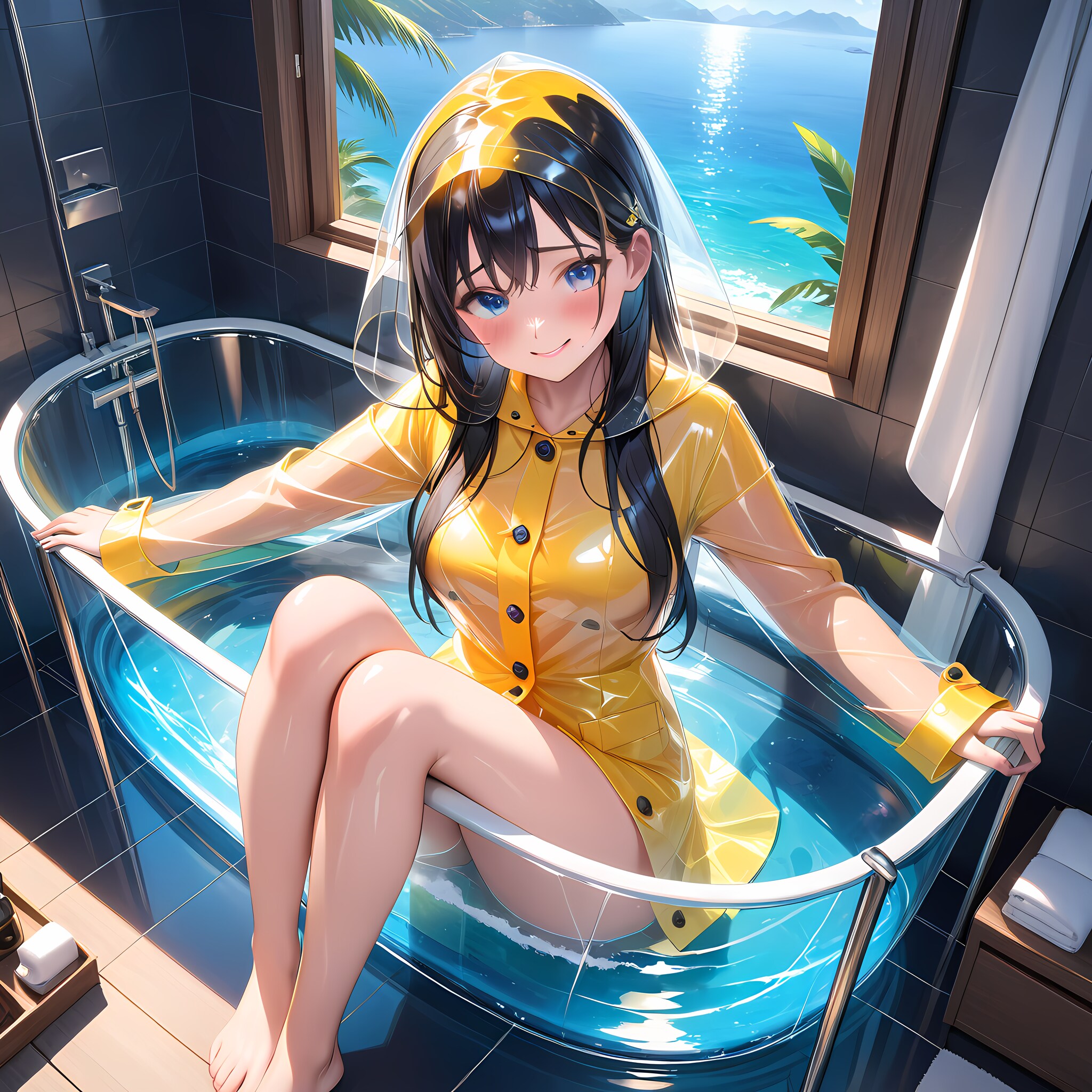 黄色半透明レインコート風呂
