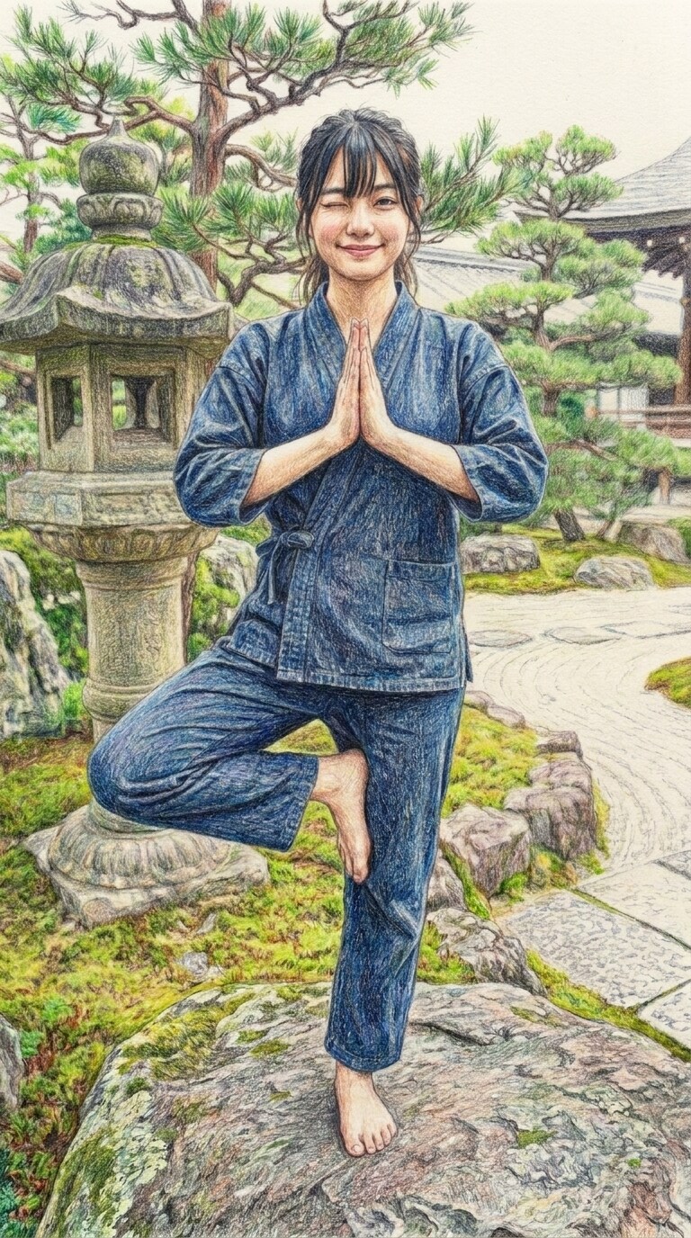 作務衣でヨガ