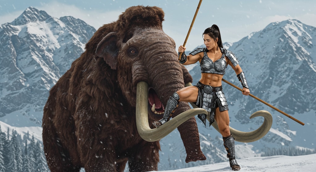 マンモスの肉食うために箸で刺す💦