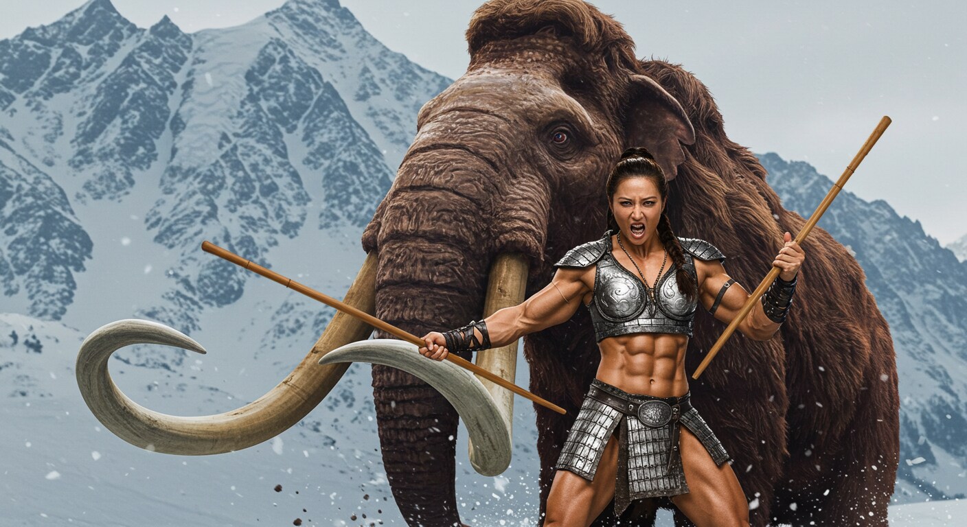 マンモスの肉食うために箸で刺す💦 | の人気AIイラスト・グラビア