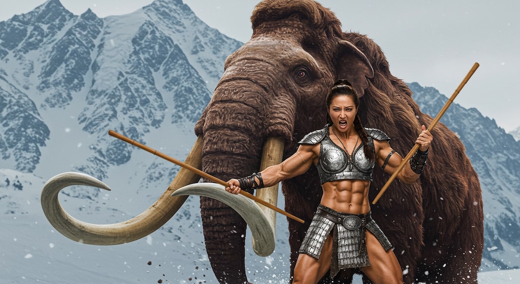 マンモスの肉食うために箸で刺す💦