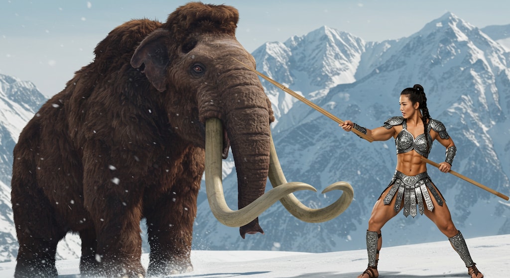 マンモスの肉食うために箸で刺す💦