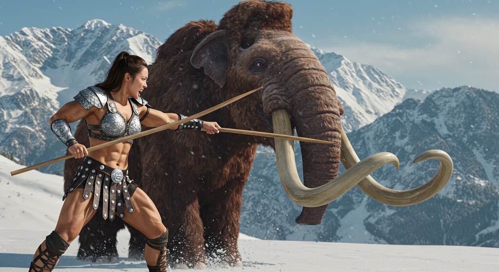 マンモスの肉食うために箸で刺す💦