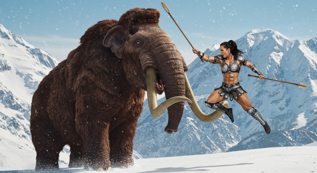 マンモスの肉食うために箸で刺す💦