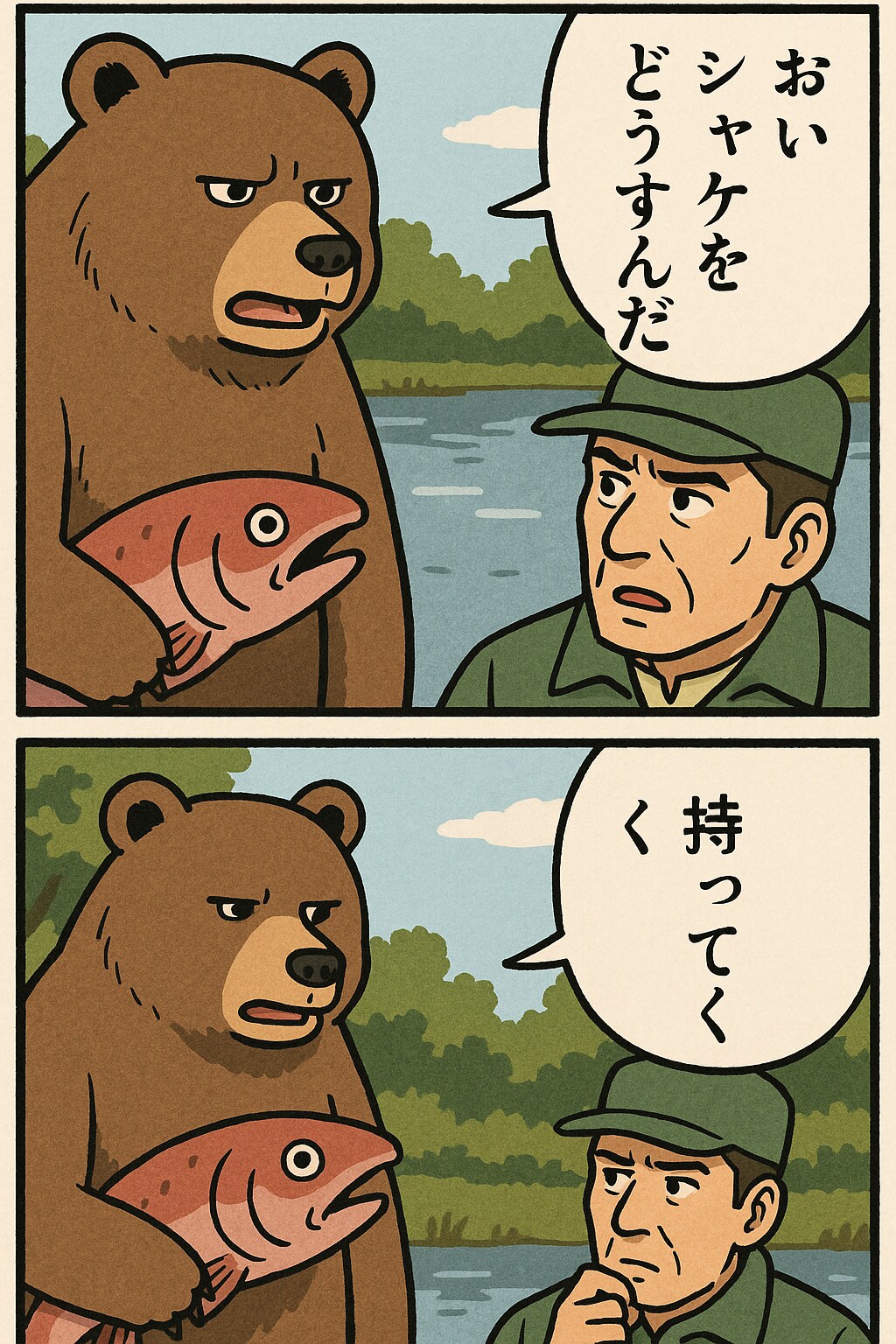 くまと漁師としゃけでくにへかえるんだな