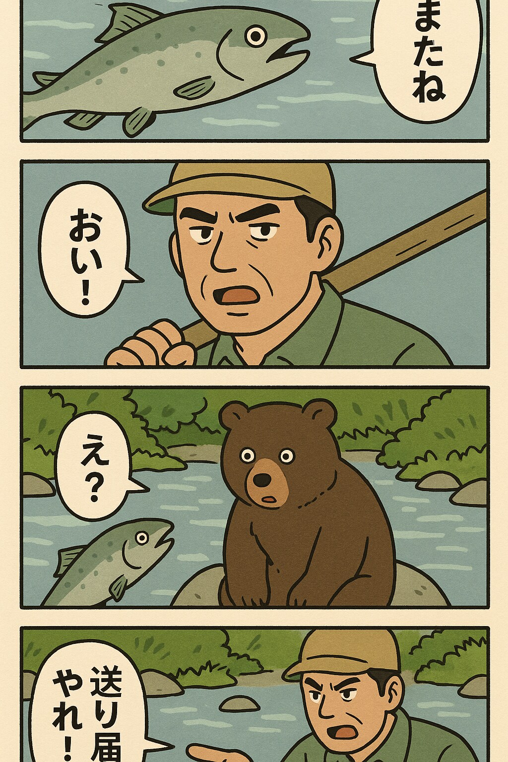 くまと漁師としゃけでくにへかえるんだな