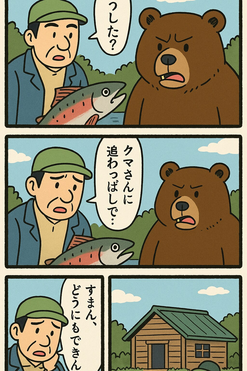 くまと漁師としゃけでくにへかえるんだな