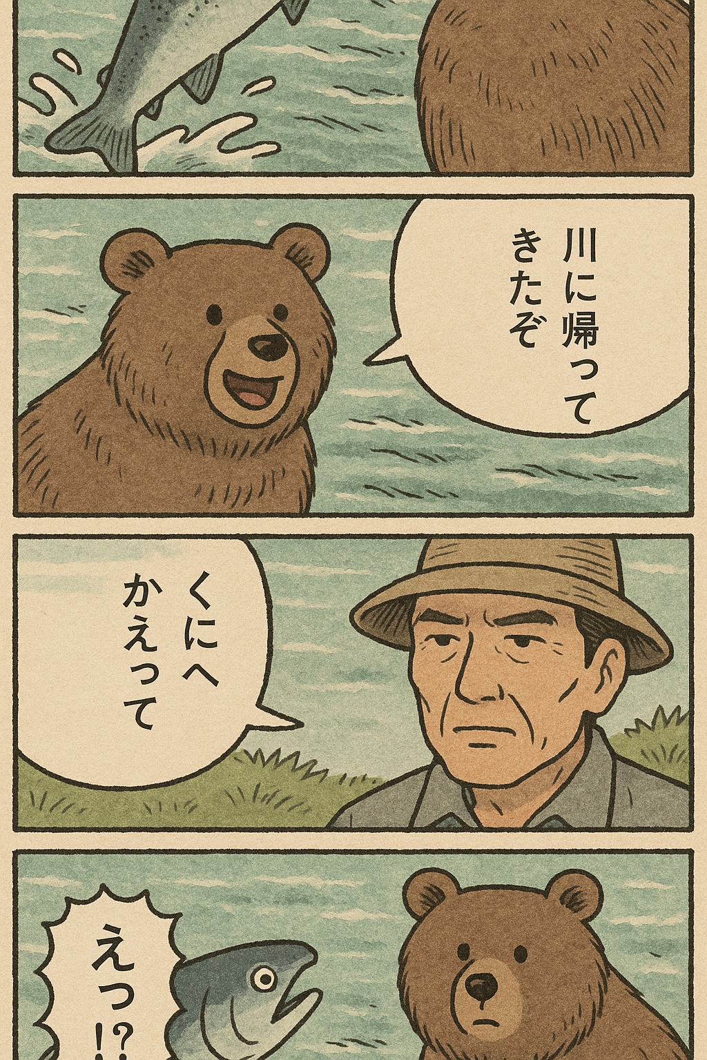 くまと漁師としゃけでくにへかえるんだな