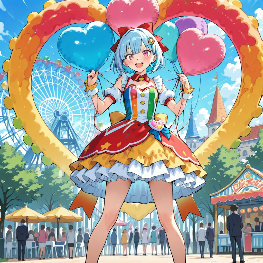 いっぱい色とりどりのハート風船を持つ青い髪ショートカットの美女