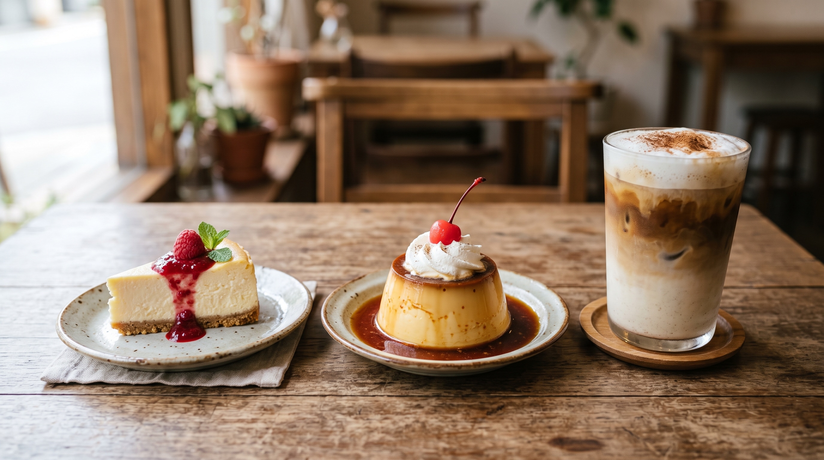 デザートのチーズケーキとプリンと豆乳カフェオレのセット | の人気AIイラスト・グラビア
