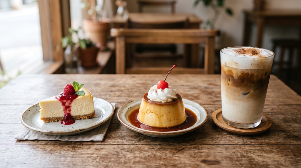 デザートのチーズケーキとプリンと豆乳カフェオレのセット