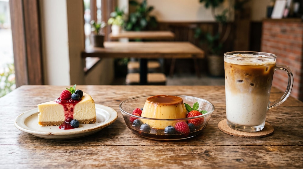 デザートのチーズケーキとプリンと豆乳カフェオレのセット