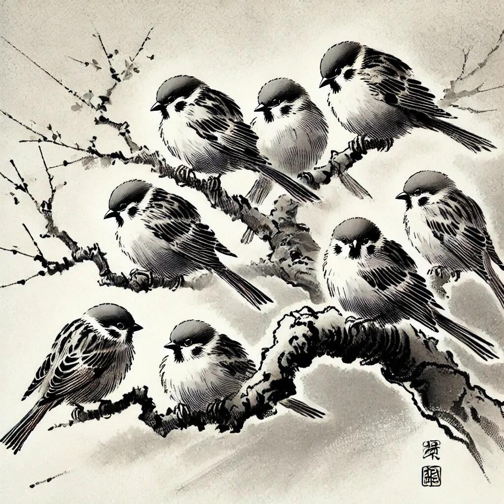 水墨画風で、雀わ