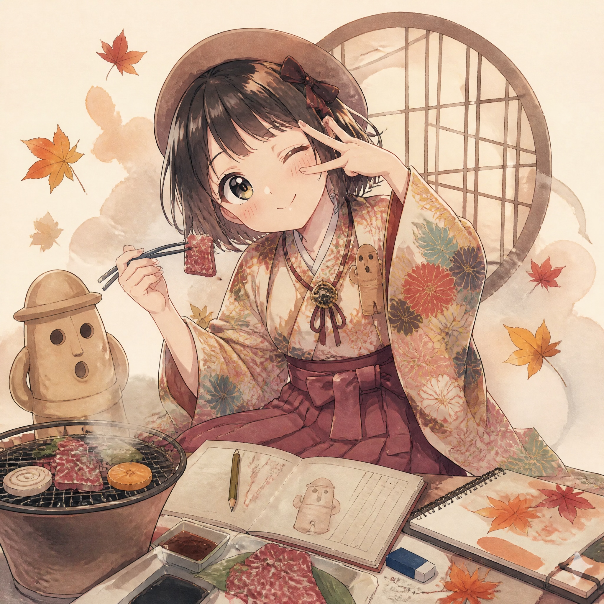 大正ロマン焼肉グルメ娘爆誕！季節は秋！はにわ絵日記の忘れ物（１）3時のアイドル　GPTimages2.0 | の人気AIイラスト・グラビア