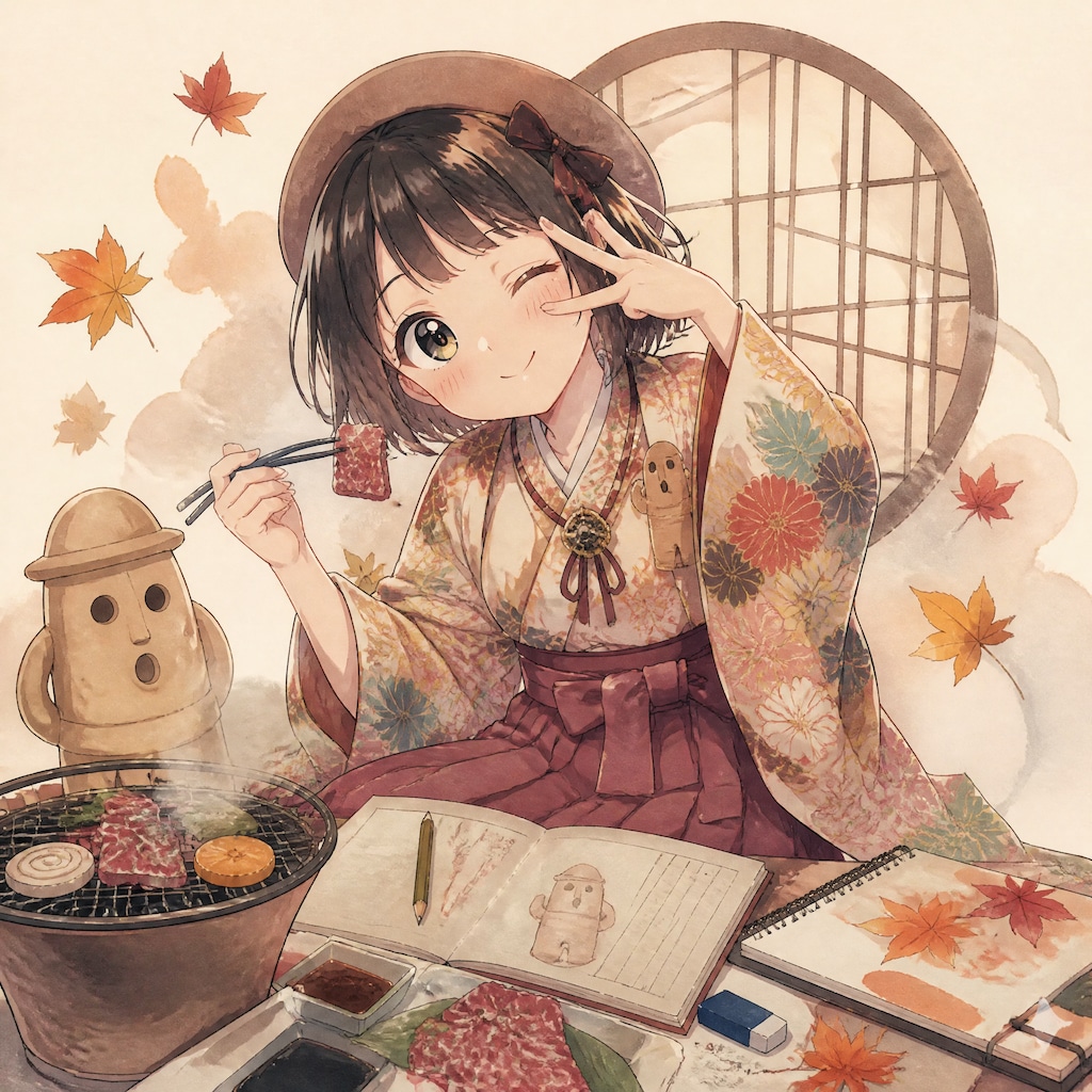 大正ロマン焼肉グルメ娘爆誕！季節は秋！はにわ絵日記の忘れ物（１）3時のアイドル　GPTimages2.0