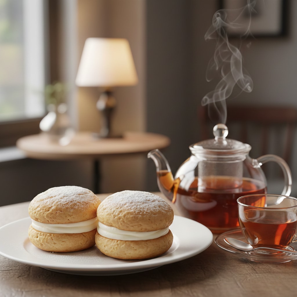 デザートのブッセと紅茶のセット | の人気AIイラスト・グラビア