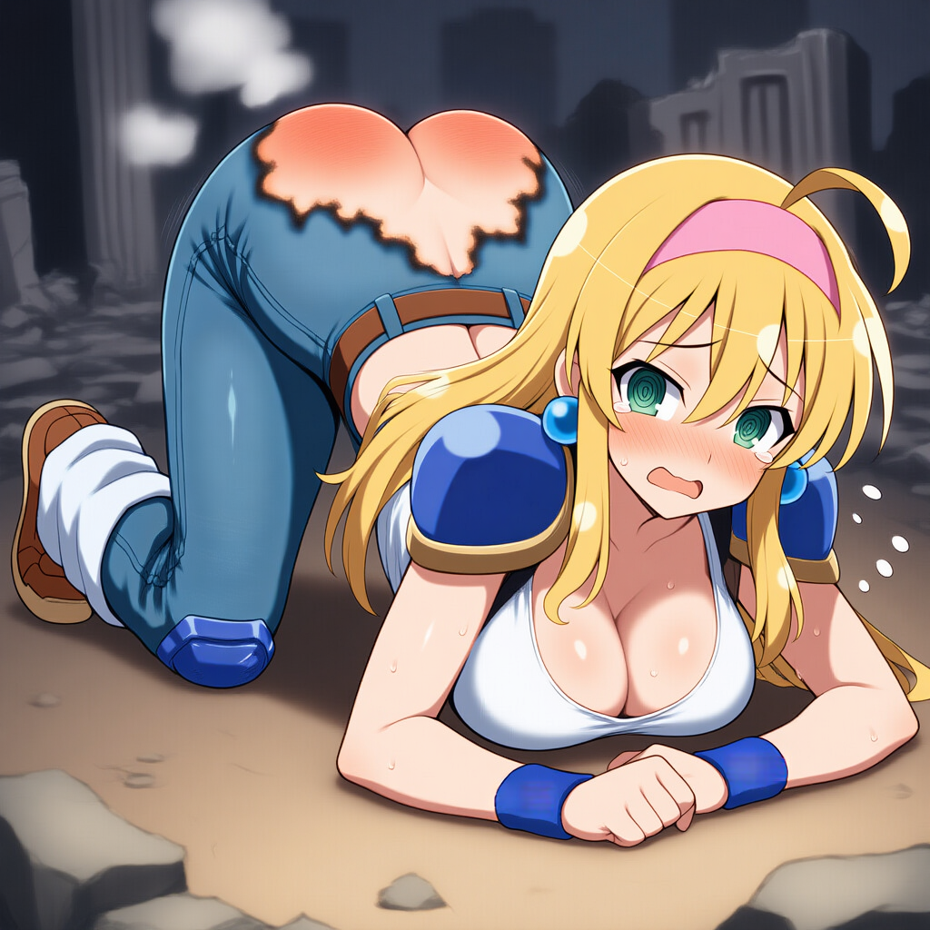 自慢のお尻を焼かれてゲームオーバーになるローザ