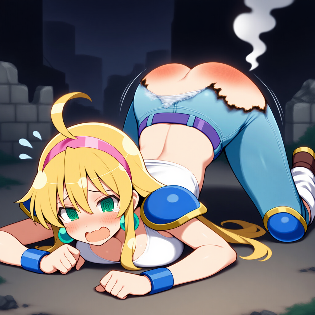 自慢のお尻を焼かれてゲームオーバーになるローザ