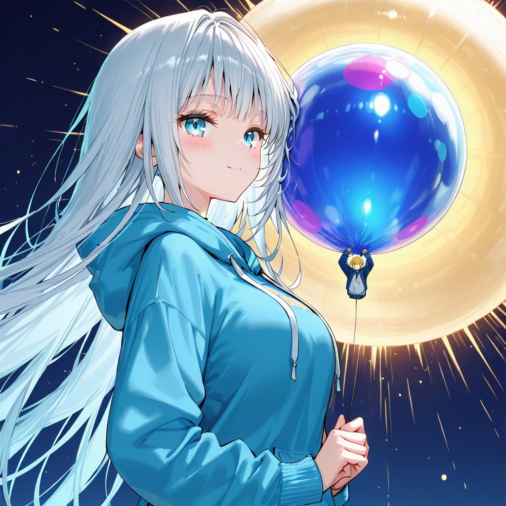 風船？を持つ白い髪ロングの青いパーカー着た美女 | の人気AIイラスト・グラビア