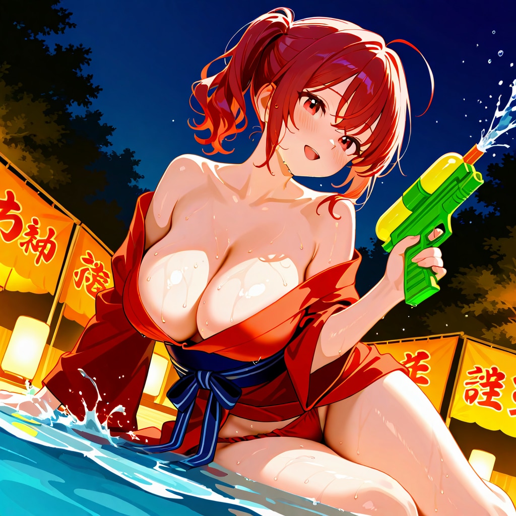 赤リボンちゃんの夏祭り、浴衣でウォタガン大会に出て大はしゃぎ