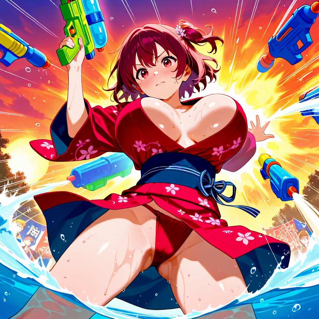 赤リボンちゃんの夏祭り、浴衣でウォタガン大会に出て大はしゃぎ