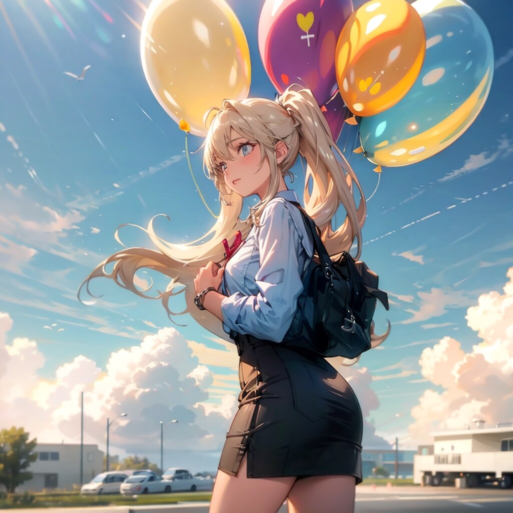 飛行場で風船を膨らませて遊ぶブロンドポニーテールのキャビンアテンダントの美女