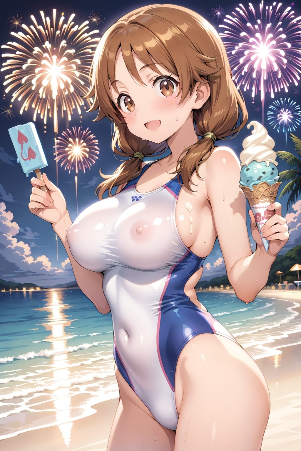 競泳水着の早苗さんと花火