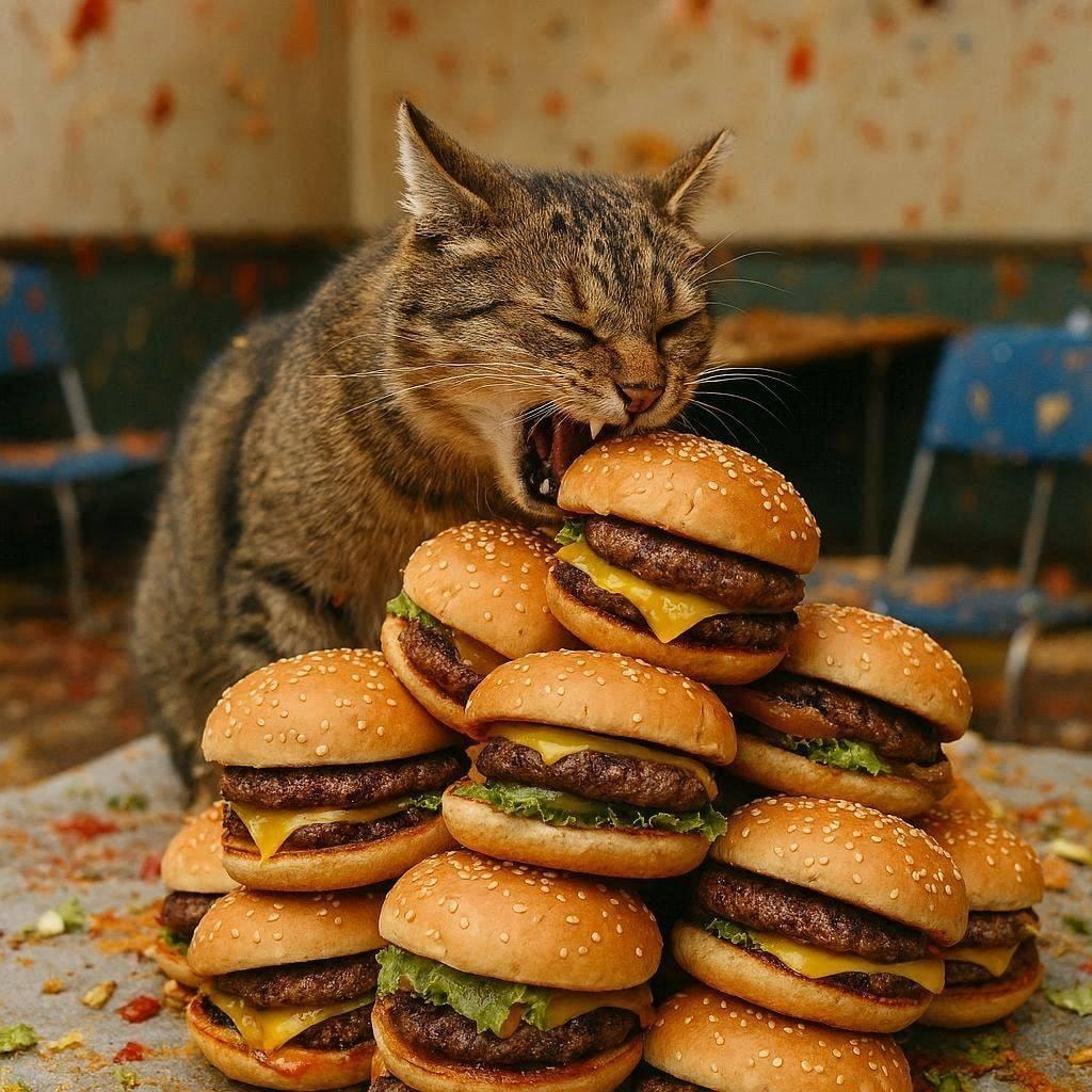 ハンバーガーを大食いする猫