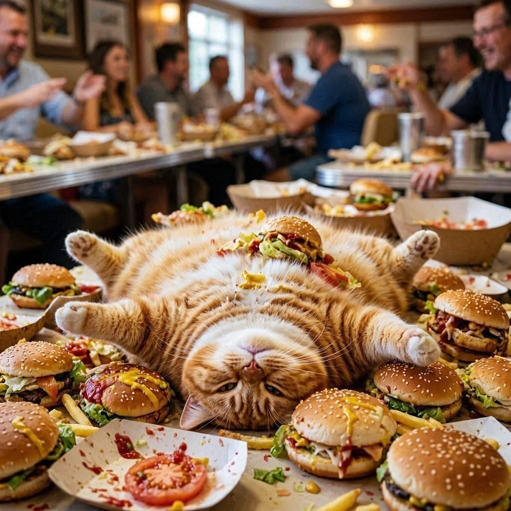 ハンバーガーを大食いする猫