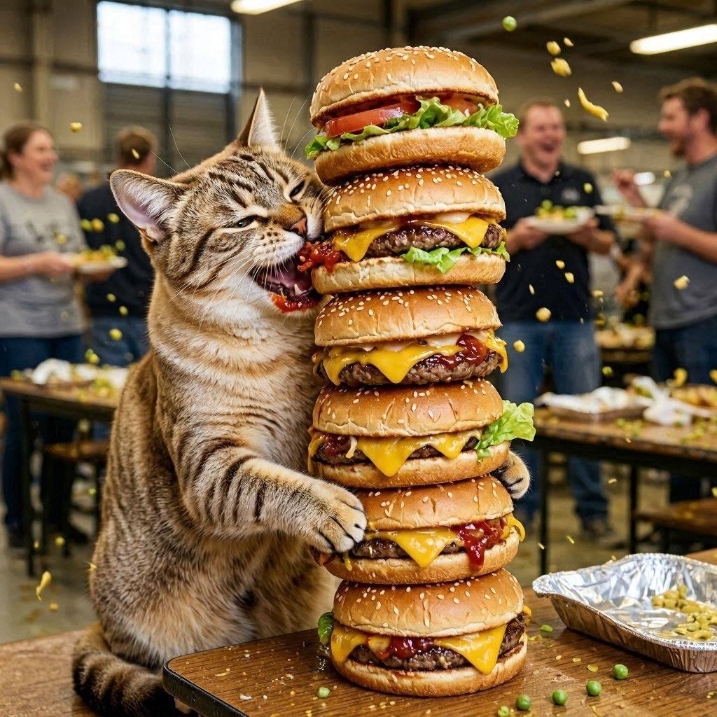 ハンバーガーを大食いする猫