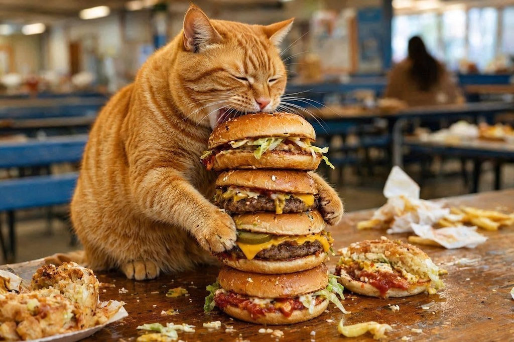 ハンバーガーを大食いする猫