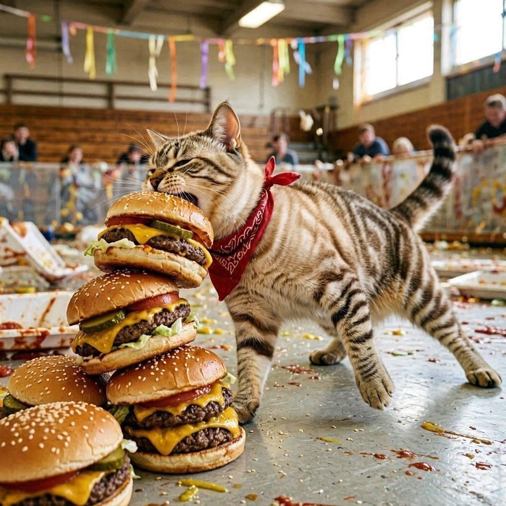 ハンバーガーを大食いする猫