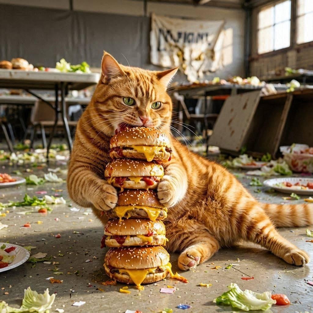 ハンバーガーを大食いする猫
