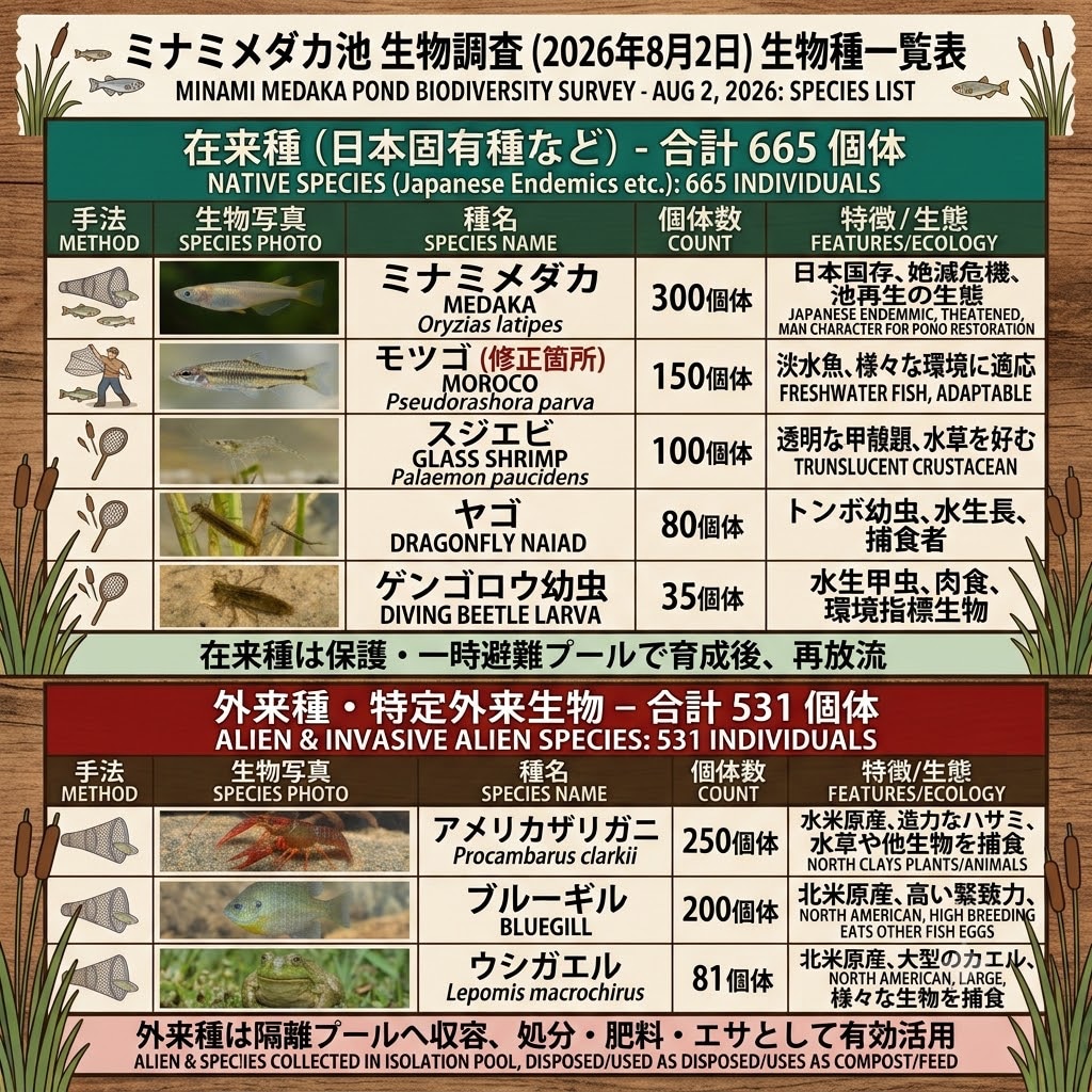 ミナミメダカ池　生物相調査